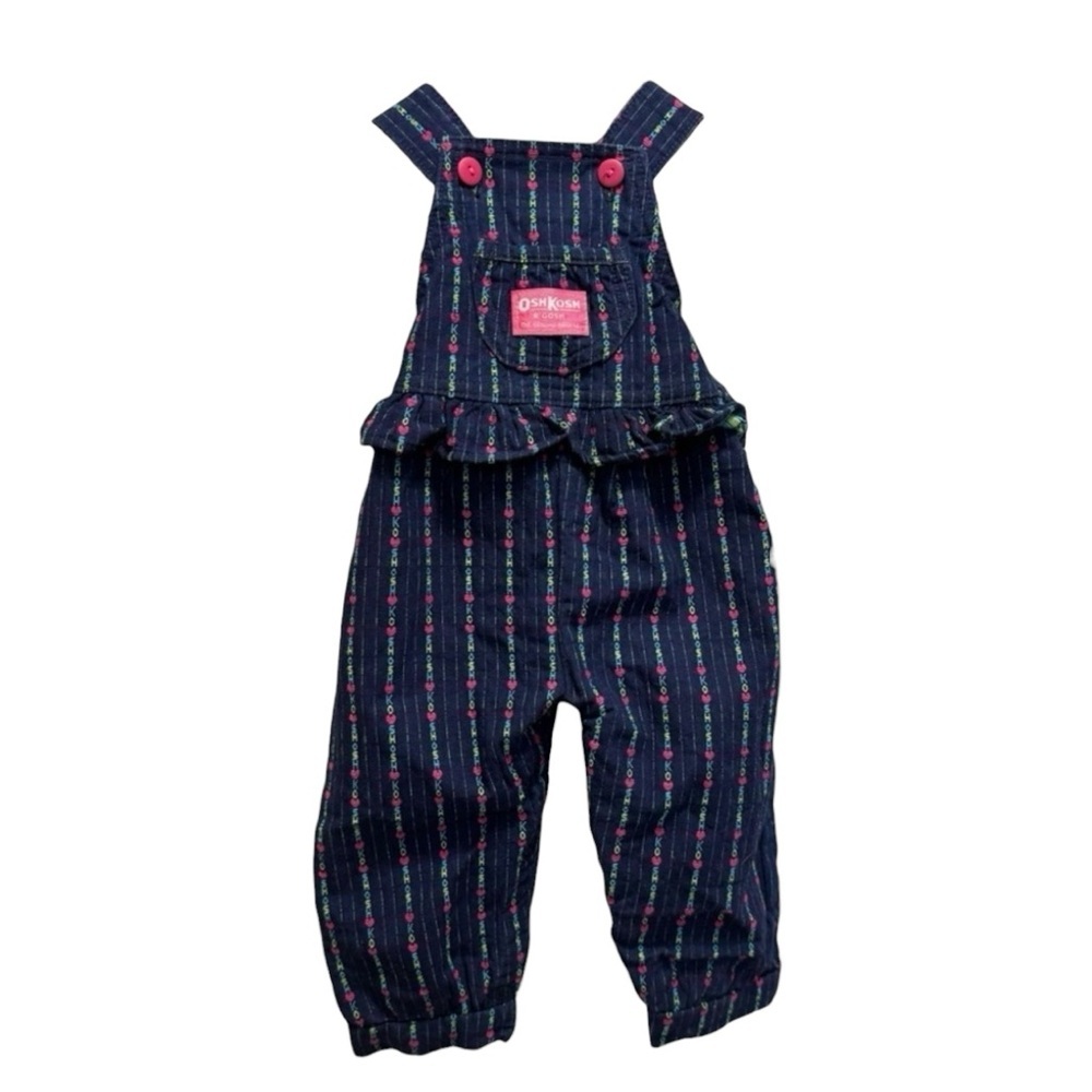 Vintage OshKosh B’gosh Denim Bubble Overalls Unique Spellout w/Ruffle Size 18M